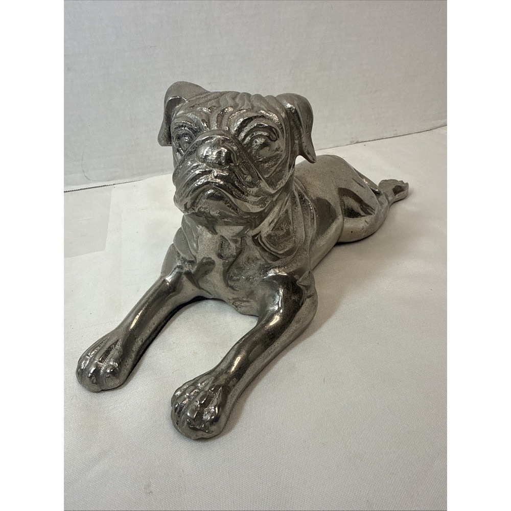 VTG French Bulldog Pug Metallic Chrome Silver Lying Down Dog Minimalist Decor